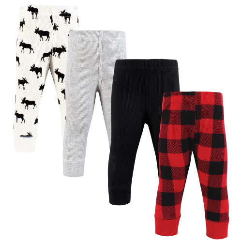 Hudson Baby Infant Boy Thermal Tapered Ankle Pants 4pk, Buffalo Plaid Moose, 0-3 Months