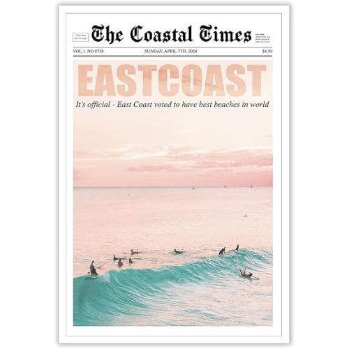 Trendy Summer Beachy East Coast Poster Cowgirl Surf'S Up Newspaper Canvas Wall Art Pink Preppy Western Coastal Surfer Girl Prints Painting For Home Bedroom Dorm Wall Decor 12x16in Unframed