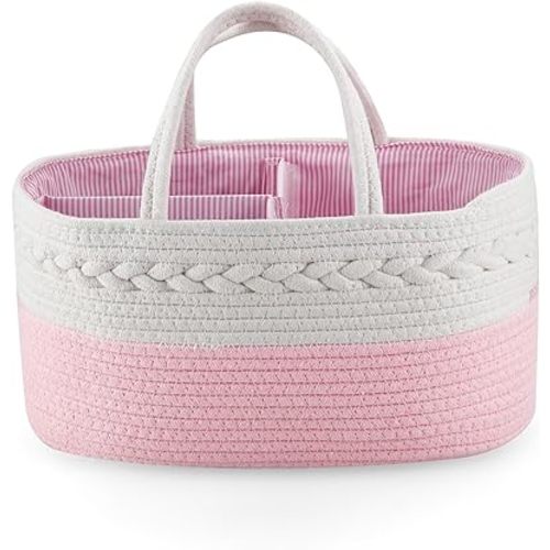 PandaEar Baby Diaper Caddy Organizer Cotton Rope Nursery Storage Basket Portable Car Organizer for Baby Shower Gifts Newborn Infants -Pink