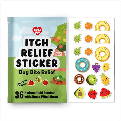 Buzzluv Hydrocolloid Itch Relief Patch, for Mosquitos, Ticks, Midges, Sandflies Bug bite Relief, Anti-Itch Patch with Aloe and Witch Hazel, Insect bite Relief, Kid-Friendly, Natural Fruit Theme