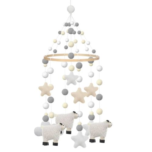 Sheep Lamb Baby Crib Cloud Mobile for Nursery Decoration Felt Hanging Neutral Sheep Mobile for Crib Lamb Nursery Decor Baby Shower Gift for Boys and Girls