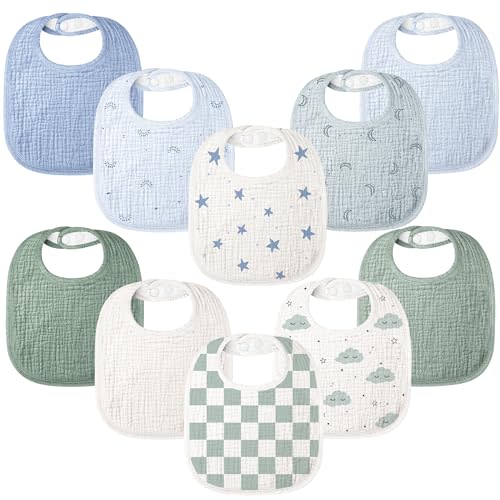 Bearmoss 100% Cotton 10 Pack Muslin Baby Bibs for Drooling and Teething | Soft Absorbent Adjustable Baby Bandana Bibs for Unisex Baby Boys, Girls, Toddlers, Infant, Newborns