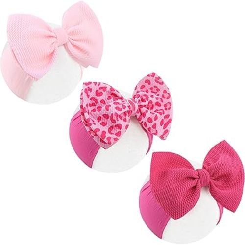 6’’ 3Pcs Baby Girl Bows Leopard Print Hot Pink Headbands for Girls Light Pink Bow Toddler Hair Accessories Newborn Infant Baby Hair Wrap