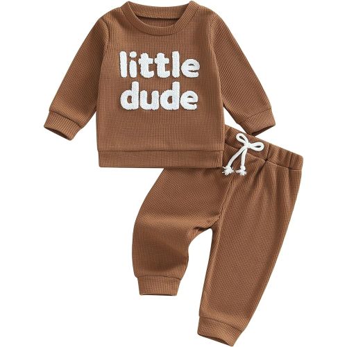 Kupretty Toddler Baby Boy Fall Winter Clothes Embroidery Waffle Knit Sweatshirt Pullover Tops + Casual Pants Outfit Set