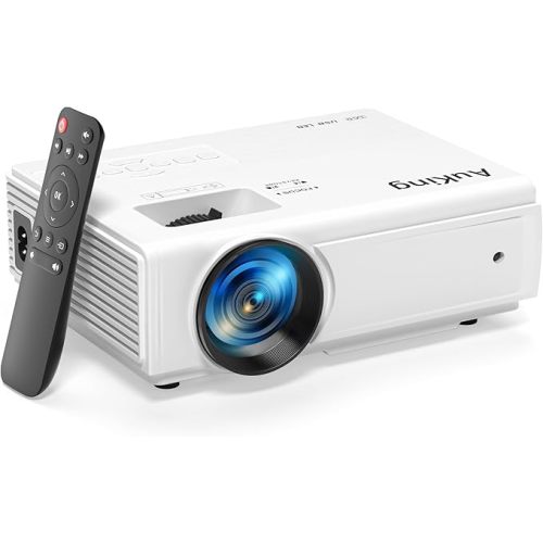 AuKing Projector, 2026 Upgraded Mini Projector, Full HD 1080P Home Theater Video Projector, Compatible with HDMI/USB/Smartphone/TV Box/Laptop (White)