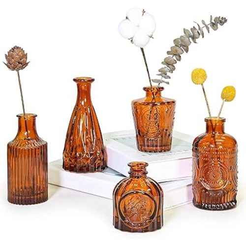 Glass Bud Vase Set of 5, Amber Small Flower Vases for Centerpieces in Bulk, Mini Vintage Vase for Rustic Wedding, Home,Table Decoration