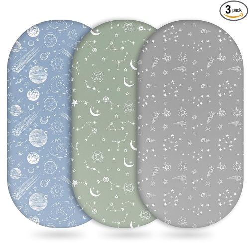 Unnivoll Baby Bassinet Sheets Girl Boy, Fitted Bassinet Sheet Set 3 Pack Bassinet Mattress Sheets Universal Fit for Rectangle, Round, Oval, Hourglass Mattress, Soft Breathable Green Gray Constellation