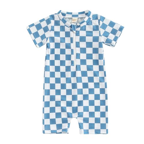 Toddler Baby Boy Girl Swimsuit Checkered One Piece Swimwear Short Sleeve Zipper Rash Guard Beach Bathing Suit