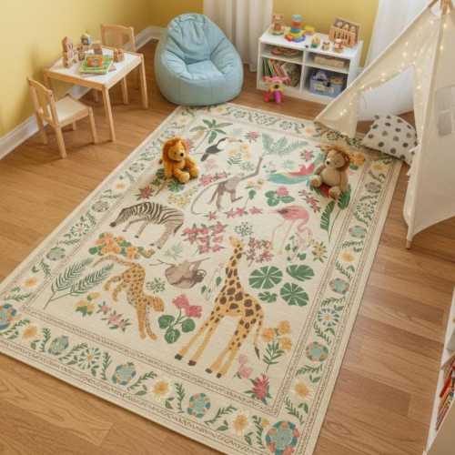 Safari Jungle Animals Kids Room Rugs, Vintage Botanical Animal Print Rug, Giraffe Zebra Leopard Toucan Floral Rug, Kids Nursery Room Decor