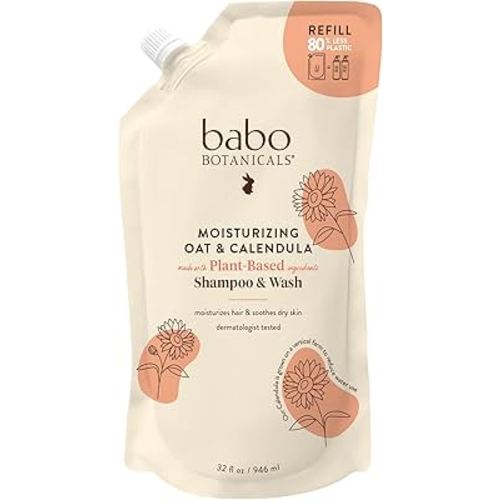 Babo Botanicals Moisturizing Oat & Calendula 2-in-1 Shampoo & Wash – Gentle Cleansing for Dry or Sensitive Skin – Safe for Baby, Toddler, Kids & Family – Lightly Scented – Vegan