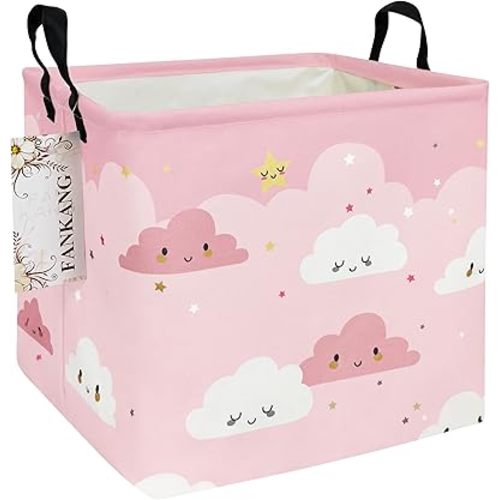 FANKANG Square Nursery Hamper Storage Bins Canvas Laundry Basket Foldable with Waterproof PE Coating Storage Baskets Gift Baskets for Children, Office, Bedroom, Clothes（Square-pink cloud ）