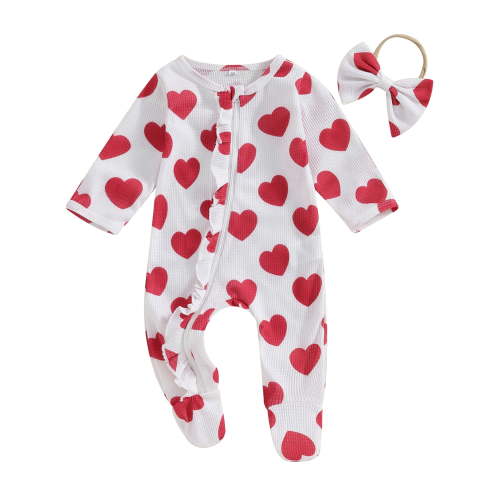 Mevireiy Baby Girl Footie Onesie Zipper Ruffle Romper Jumpsuit Heart Print Outfits, White, 0-3 Months
