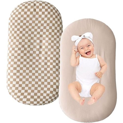 Little Jump Muslin Baby Lounger Cover, 2 Pack Cotton Muslin Newborn Lounger Cover for Girls Boys, Soft Removable Slipcover for for Infant Lounger (Khaki, Coffee Checkered)
