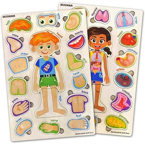 QUOKKA Toddler Toys for 1 2 3 Year Old Boys and Girls - 2 Montessori Toys from 3 Years with Human Body Game - Fun Wooden Puzzles for Learning Kids and Educational Toddler Games