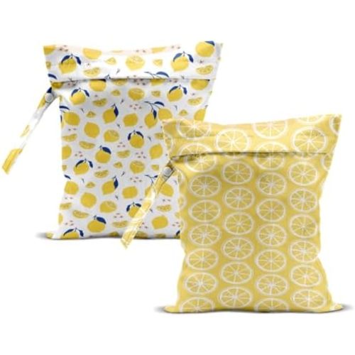 ZHAMEN 2Pcs Wet Bag, Wet Dry Bag Reusable with Zipper, Travel, Beach, Pool, Diapers, Dirty Yoga Gym Clothes, Makeup Bag, Waterproof Wetdry Packing, Summer Lemon Decore (12x10 Inch)