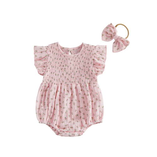BemeyourBBs Newborn Baby Girl Summer Clothes Smocked Bubble Romper Cotton Linen Outfits Cherry Floral Print Crew Neck Flying Sleeve Bodysuit and Bow Headband 2 Pcs Set