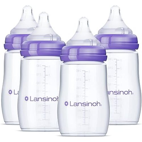 Lansinoh Anti-Colic Baby Bottles, BPA-Free Plastic, 8 Ounces, 4 Count, Medium Flow Nipples (Size M), Breastfeeding Bottle with NaturalWave Design
