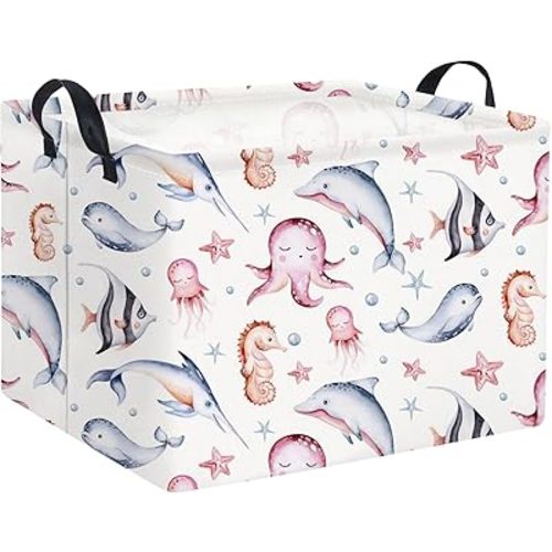 Rectangular Ocean Basket for Kids Baby Basket for Boys and Girls Cute Toy Storage Organizer Bin Box Sea Fishes Room Decor(Sea Fishes)