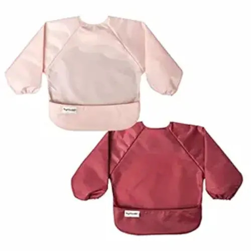 Tiny Twinkle Long Sleeve Bib for Babies & Toddlers | 2-Pack Waterproof Smock Bib for Eating | Machine Washable & Mess-Proof Feeding Essentials | Newborn Shower Gift (Rose Burgundy,6–24M)