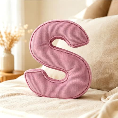 Pink Letter Plush Pillow, Letter Hugging Throw Pillows, Decorative Corduroy Initial Letter Shaped Throw Pillows, Letter Pillows English Alphabet A to Z for Sofa Bedroom Living Room Decor (S)