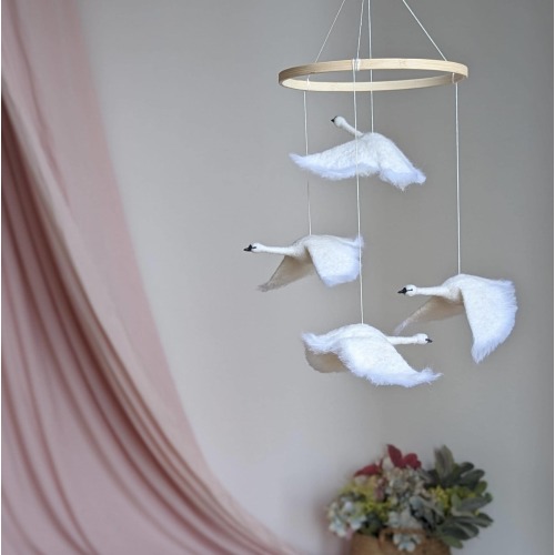 White Swans Baby Mobile: Needle Felted Nursery Decor