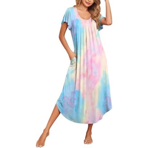 Ekouaer Long Nightgowns for Women with Pockets Short Sleeves Moo Moos for Women Casual Maxi Dress House Dresses S-XXXL
