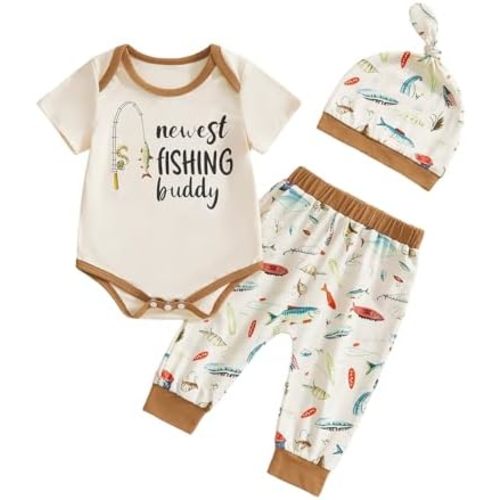 Newborn Baby Boy Clothes Fishing Short Sleeve Romper Shirt Tops Pants Summer Spring Outfits Cute Hat Set