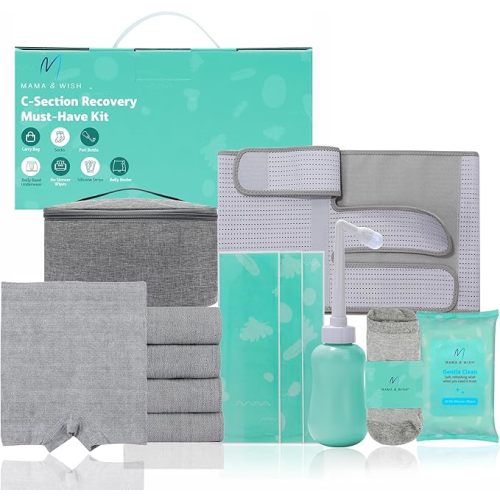 Mama & Wish C-Section Recovery Kit Must Haves - Postpartum Essentials 12-Piece Set with Belly Binder, No-Shower Wipes, Silicone Scar Patches, Peri Bottle, Underwear, Grip Socks & Toiletry Bag