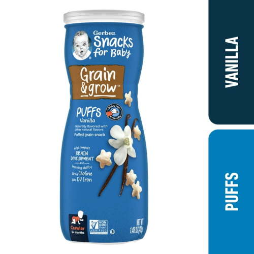 Gerber Snacks for Baby Grain & Grow Puffs, Vanilla, 1.48 oz Canister