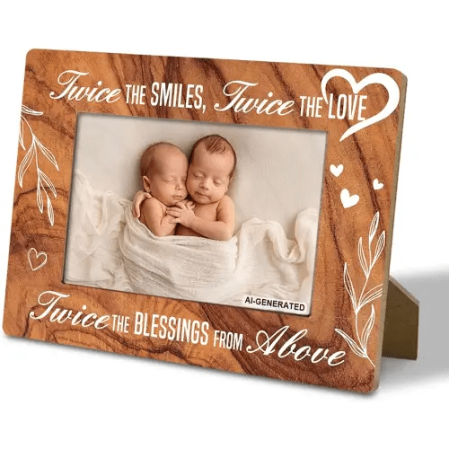 Twin Baby Gifts, Twins photo frame, Twins gifts for babies, wice the Smiles, Twice the Love, Wood Picture Frame, Table Top Display, Holds 4 x 6 Inch Photo-Rustic Nature Wood Texture