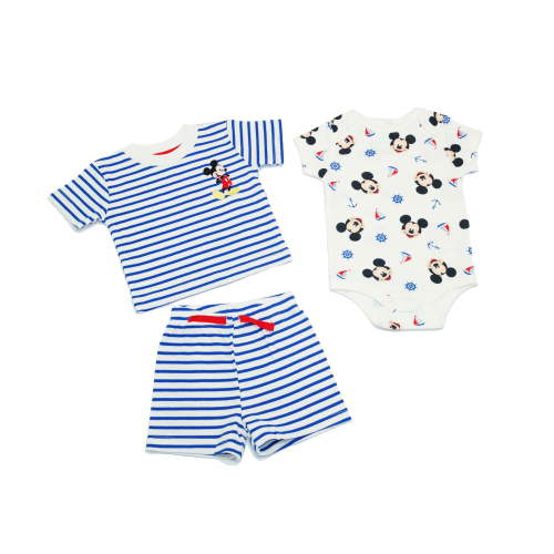 Disney Clothes Baby Boys 3-Piece Short Set – Mickey Mouse T-Shirt, Bodysuit & Shorts (White/Blue) – 6/9M