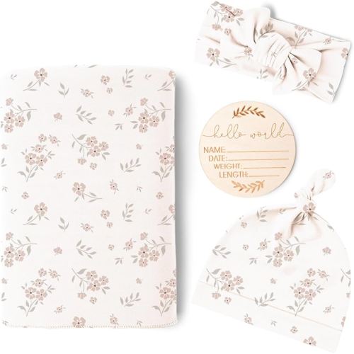 Konssy Baby Girl Newborn Receiving Blanket with Matching Headband and Beanie Set Baby Swaddle Nursery Swaddle Wrap