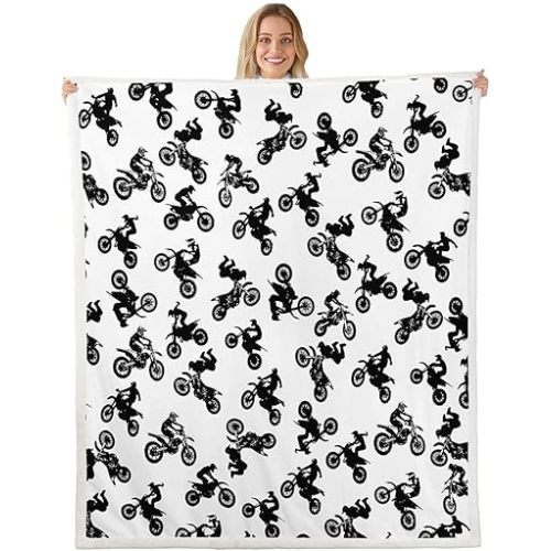 Motocross Rider Fleece Throw Blanket for Bed, Sofa, Couch - Kids Extreme Sports Motorcycle Fuzzy Sherpa Blanket - Boy Room Decor Plush Blanket - Baby 30"x40"