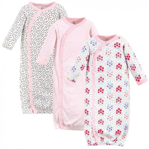 Touched by Nature Baby Girl Organic Cotton Side-Closure Snap Long-Sleeve Gowns 3pk, Floral Dot, 0-6 Months