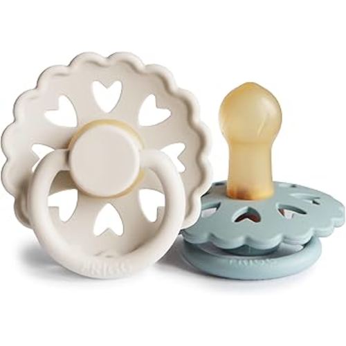 FRIGG Andersen Fairytale Natural Rubber Baby Pacifier | Made in Denmark | BPA-Free (Cream/Stone Blue, 0-6 Months)