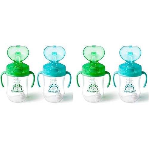 Amazon Brand - Mama Bear Silicone Weighted Straw Sippy Cup, 9 Ounces, Pack of 4, Blue/Green
