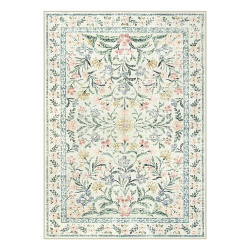 Kaldi Oriental Botanical Floral Machine Washable Area Rug with Non-Slip Backing for Living Room, Dining Room, Bedroom