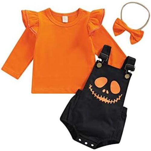 Newborn Halloween Baby Girls Outfit Fly Long Sleeve Ribbed Top+ Pumpkin Ghost Printing Suspender Romper+ Headwear