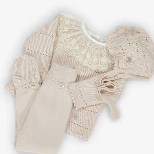 Artesanía Granlei - Girls Beige Knitted 2 Piece Babysuit & Bonnet Set | Childrensalon