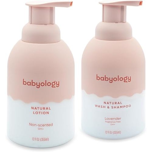 Babyology - 100% Edible Ingredients - All Natural Baby Wash and Shampoo Lavender + Organic Baby Lotion SET - 12 FL OZ Good for Sensitive Skin or Eczema - Non Toxic - Fragrance Free (Set of 2)