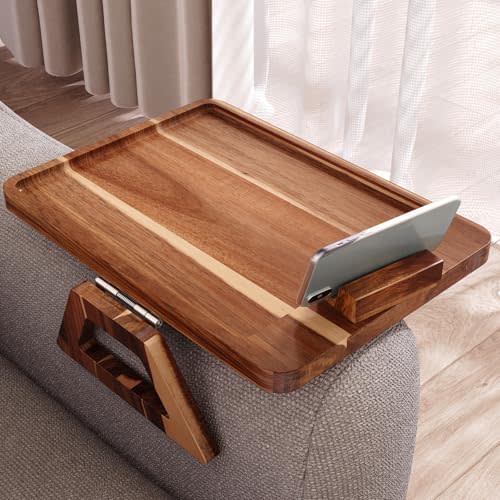 Danfoxer Acacia Wood Couch Arm Tray with 360°Phone Holder,Folding Sofa Armrest Tray,Couch Arm Table Clip-On Couch Desk for Drinks,Snacks,Phone,Remote Control