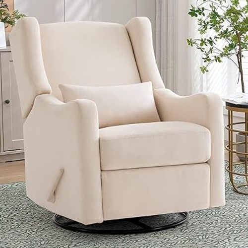Harkawon Wingback Glider Rocker Recliner,Swivel Rocker Recliner Chair, Rocking Chair Nursery, Fabric Chair with Lumber Support, High Back, Deep Seat, for Living Room, Bedroom, Beige