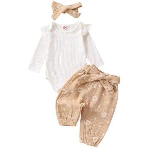 Kaipiclos Newborn Infant Girl Clothes Rib Knit Romper Daisy Print Pants Headband Baby Clothes for Girls 0 3 6 12 18 24 Months