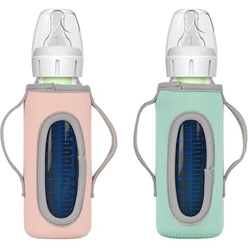 Beautyflier Glass Baby Bottle Sleeve Covers for Dr. Brown’s Natural Narrow Baby Bottles 8 oz with Dual Handle, 3.3mm Thicken Heat and Cold Retention Baby Bottle Sleeve (Narrow, 8oz)