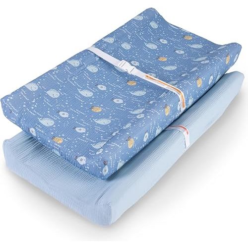 100% Muslin Changing Pad Cover Ultra Soft, Breathable, Secure Fit, Fade-Resistant Prints for Boys and Girls (Pack 2)
