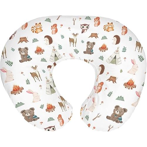 Camping Animals Baby Nursing Pillow Covers for Boy Girl Bear Deer Raccoon Squirrel Bunny Hedgehog Owl Nursery Pillowcase for Breastfeeding Pillows Wildlife Soft Stretchy Slipcovers