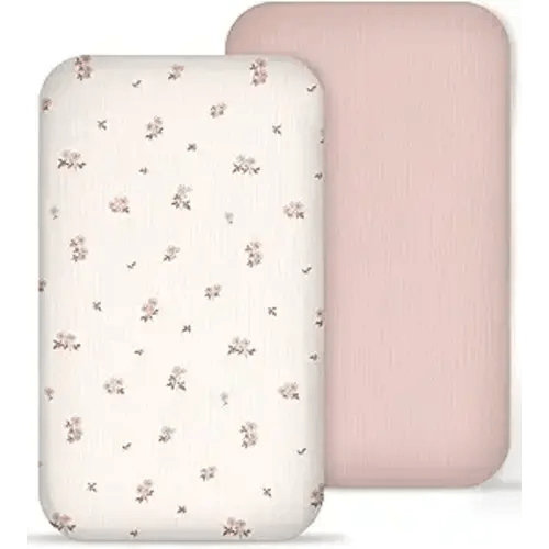 Muslin Bedside Bassinet Sheets 2 Pack, 33x20 Fitted Ultra Soft & Breathable Bedside Sleeper Sheets, Ideal for Baby Girl and Boy, Perfect for Newborns (Vintage Blossom & Pink)