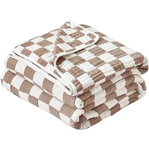 Ultra Soft Cozy 6-Layer Muslin Cotton Baby Blanket 41" x41” Breathable Lightweight Checkered Swaddle Blankets for Toddlers Baby Birthday Gifts All Seasons Both Sides Coffee