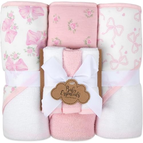 Hooded Baby Bath Towel and Washcloth 6 Piece Set for Newborns, Infants & Toddlers, Boys & Girls Baby Hooded Towels Set (Pink Bows and Flowers)