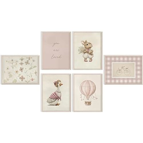 Children Room Canvas Wall Decor Baby Room Wall Decor Pink Baby Girl Nursery Poster Vintage Nursery Poster Botanical Print Antique Gingham Soft Pink/Beige Palette for Bedroom 8x12Inch Unframed Set of 6